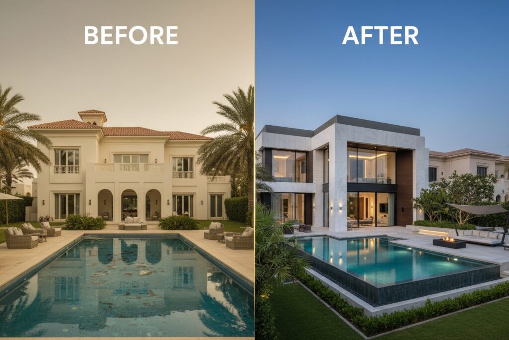 a renovated luxury villa in dubai palm jumeirah before and after with texts over it before | After in middle near to partition line